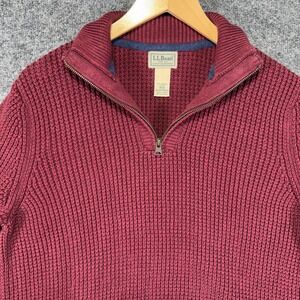 L.L. Bean Waffle Knit 1/4 Zip Sweater Mens Medium Burgundy Chunky Fisherman